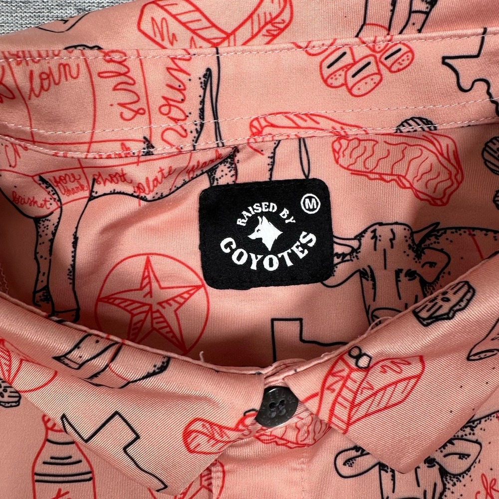 Raised By Coyotes Polo Shirt Mens Medium Pink Texas BBQ Short Sleeve Stretch - Picture 6 of 7